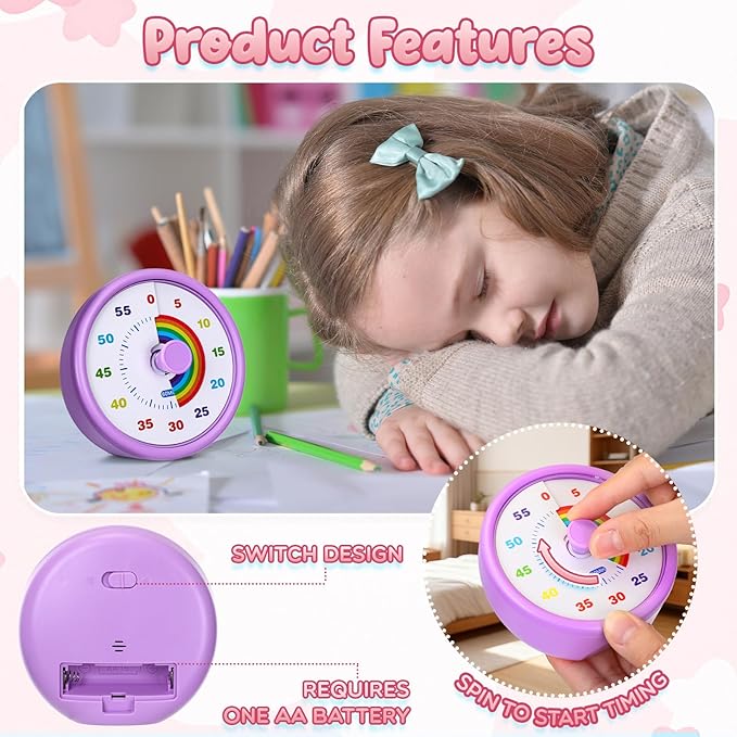 4 Pcs 60 Minute Visual Timer Colored Countdown Clock Time Management Tools with Silent Operation for Home School Supplies Study Office (Rainbow,Purple,Blue,Pink,White)