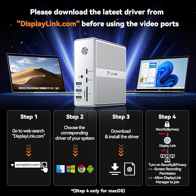 TobenONE Quad Monitor Docking Station with 4 HDMI, 18-in-1 DisplayLink Docking Station with 120W Charger, Dock for Thunderbolt 4/3, USB-C Windows, MacBook(4 USB, 2 USB-C, Ethernet,SD/TF,Audio)