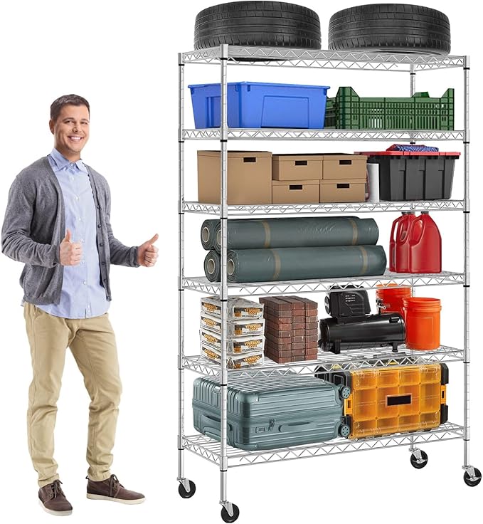 6-Tier Storage Shelves | 2100 LBS Capacity Garage Shelving | 48"×18"×82" Heavy Duty Metal Shelving Unit | Adjustable Wire Shelf on Wheels | Storage Rack for Garage Kitchen Pantry Basement, Chrome