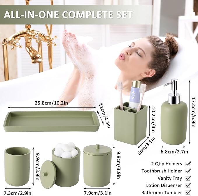 Resin 6 Pcs Green Bathroom Set Complete with Toothbrush Holder, Lotion Soap Dispenser, 2 Qtip Holder Dispensers,Vanity Tray,Bathroom Tumbler - Countertop Vanity Organizer - Bathroom Accessories