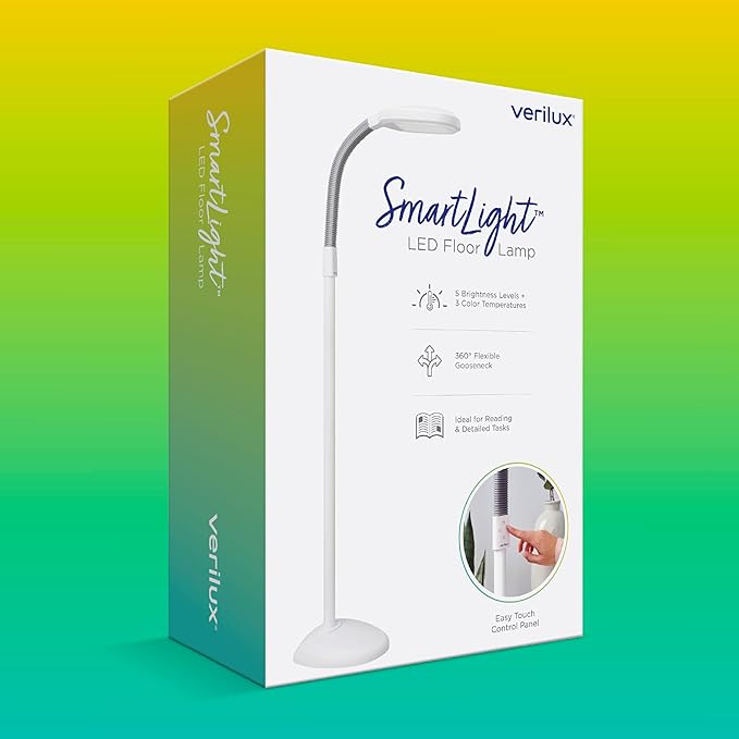 Verilux SmartLight Full Spectrum LED Modern Floor Lamp with Adjustable Brightness, Flexible Gooseneck and Easy Controls - Reduces Eye Strain and Fatigue - Ideal for Reading, Artists, Craft (White)