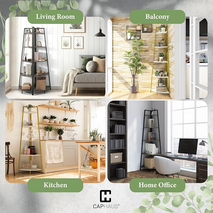 CAPHAUS Tall Corner Shelf Stand, 5-Tier Display Shelves, Ladder Corner Wood Storage Plant Bookshelf with Metal Frame, Versatile Shelving Unit Bookcase for Home Office Space, Black