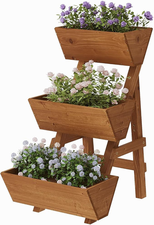 3-Tiers Wooden Raised Garden Bed Tiered Planter Box Vertical Garden Planter Wood Plant Stand for Patio, Balcony, Freestanding. (Brown S)