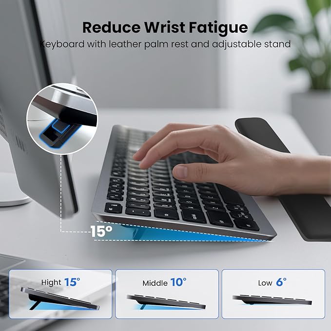 Wireless Keyboard, Bluetooth Keyboard with Leather Palm Rest, Backlighting, Multi-Device Pairing, USB C Rechargeable, for Windows, Mac, iOS, Android, Chrome, Office, Students, Long Hours Typing