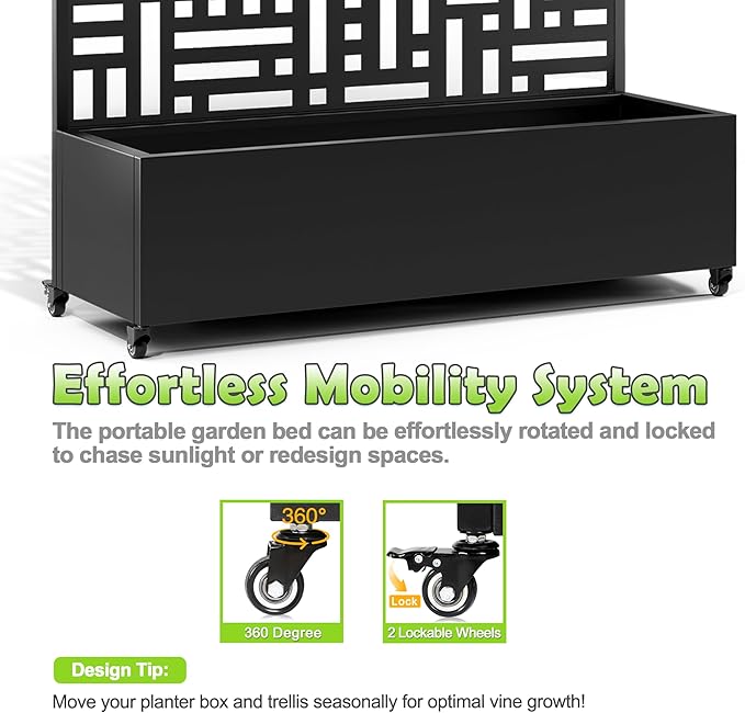 15.7"×70.9"×47.2" Metal Raised Garden Bed with Trellis and Wheels - Tall Trellis Planter Box for Climbing Plants, Vegetables & Vines - Outdoor Privacy Planters for Patio (Black-Helen)
