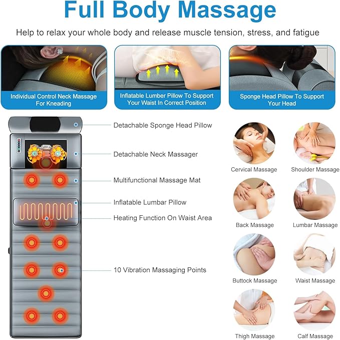 Full Body Electric Massage Mat with Heat, 10 Vibration Motors 3 Timers, Vibration Massage Pad for Bed, Back Mattress Chair Pad with Neck Massager Lumbar Pillow