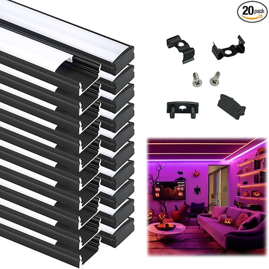 Muzata 20Pack 3.3FT/1M LED Channel Black Aluminum U Shape LED Diffuser Channel with Milky White Cover Easy Installation U1SW BW 1M