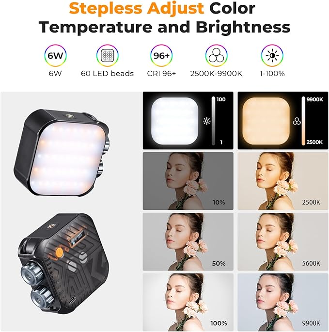 K&F CONCEPT RGB Video Light, 360° Full Color Portable Photography Light, LED Camera Light w 21 Light Effects, 2500K-9900K CRI 96+, 2000mAh Rechargeable Photography Lighting for Vlogging, Selfie, Black