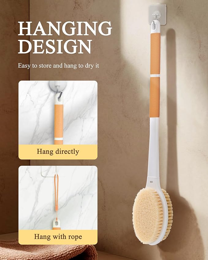 Shower Brush for Massage Dry Brushing: Back Scrubber for Shower with 18.1" Anti Slip Long Handle - Bath Body Brush for Lymphatic Drainage Exfoliator Improving Skin Health for Women Men Elderly(Orange)