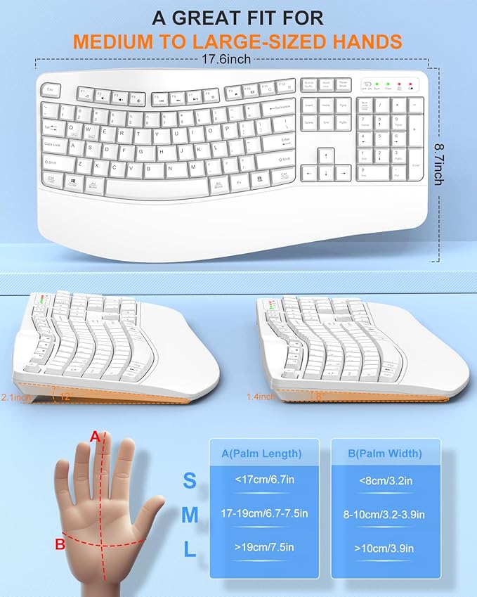 EDJO Ergonomic Wireless Keyboard for Large Hands, with Wrist Rest, Wave Keys, 2.4GHz Full Size Ergo Cordless USB Computer Keyboard, Comfortable Natural Typing, for Laptop, Mac, Windows (White)