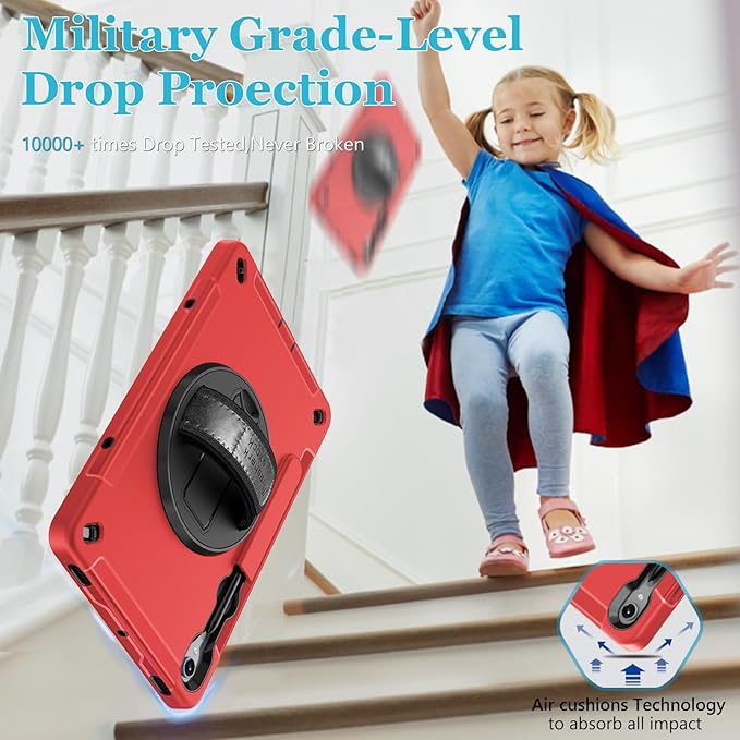 Case for Galaxy Tab S10 FE &S9 FE 10.9"/S9 11 Inch: TPU Cover for Samstng Tablet S10 FE/ 2025/ S9 FE & S9 2023 5G with Screen Protector- Stand- Handle-Shoulder Strap-S-Pen Holder-Red