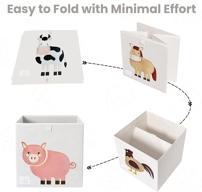 Two Cubs Foldable Kids Toy Storage Box - 13"x13" Cube Organizer Bin with Durable 2.6mm Plastic Plate Boards, Horse Design in White - Collapsible Nursery & Playroom Storage, Fits IKEA Kallax Shelves