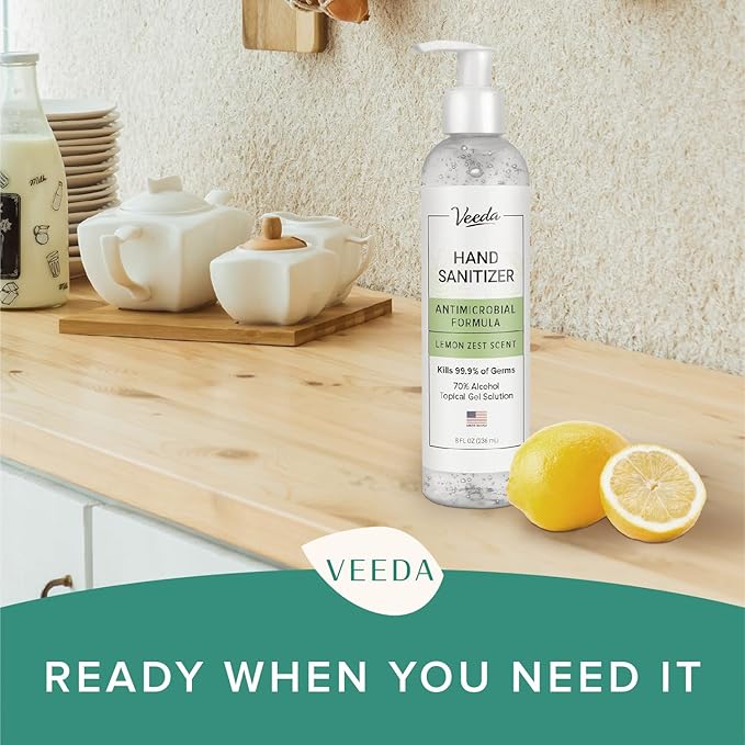 Veeda Scented Hand Sanitizer with Lemon Zest Scent - Moisturizing Clear Gel with Vitamin E & Antimicrobial Formula- Contains 70% Ethyl Alcohol - Travel Size, Made in USA - 8 Fl Oz, 236ml - 24 Bottles