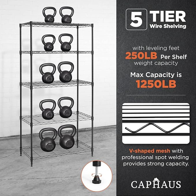 CAPHAUS 3/4/5-Tier Adjustable Height Wire Shelving Unit, Wire Rack Shelving, Metal Steel Storage Shelves, Garage Shelving Storage Organizer, Utility Storage Shelf, 5-Tier Without Wheels, Black