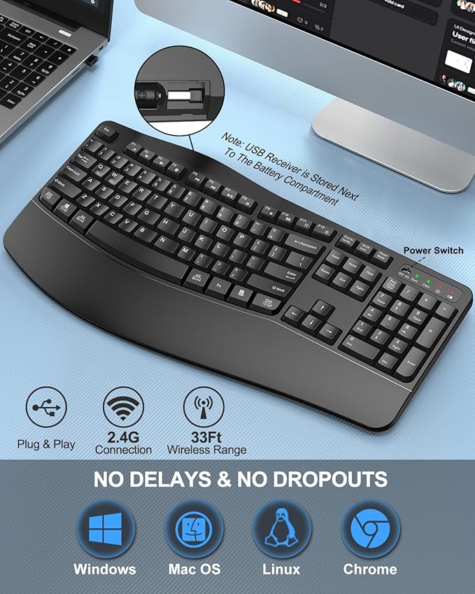 EDJO Ergonomic Wireless Keyboard for Large Hands, with Wrist Rest, Wave Keys, 2.4GHz Full Size Ergo Cordless USB Computer Keyboard, Comfortable Natural Typing, for Laptop, Mac, Windows (Black)