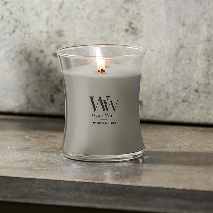 WoodWick Medium Hourglass Candle Lavender & Cedar Scent Crackles as it burns Premium Soy Blend 9.7oz Perfect for gifting