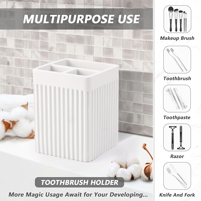 Resin Bathroom Toothbrush Holder Set, Matte White Bathroom Accessories Set 4 Pcs, Bathroom Tumbler Cup Tooth Brushing Cup Set with Tray, for Sink Countertop Modern Home Decor