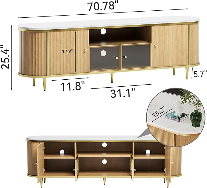 Luxury 70" Fluted TV Stand, Modern Entertainment Center for TVs Up to 80”, TV Console with Faux Marble Tabletop, Curved Profile Design, Media Console for Living Room, Wood