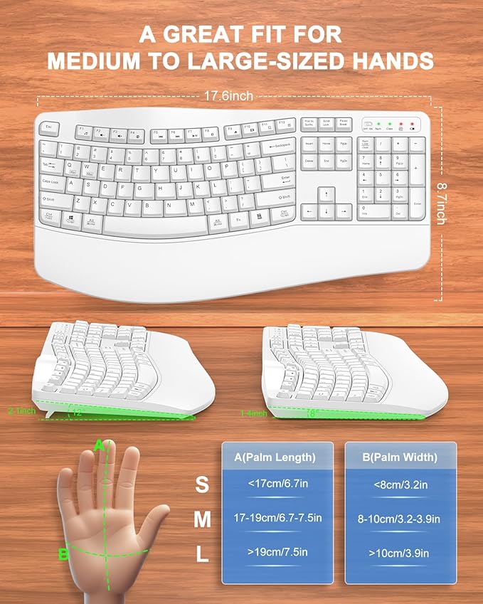 Ergonomic Wireless Keyboard with Wrist Rest, Wave Keys, Comfortable Natural Typing, 2.4GHz Full Size Ergo Wireless Computer Keyboard for Multi-OS, Windows, Mac OS Laptop/PC/Notebook (White)