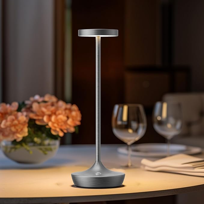 2 Pack Cordless Table Lamps, Battery Operated LED Desk Lamp, 3-Color Stepless Dimming, Portable & Waterproof, for Restaurants, Bedrooms, Bars, Outdoor Parties, Camping, and Cafes (2Pack Gray)