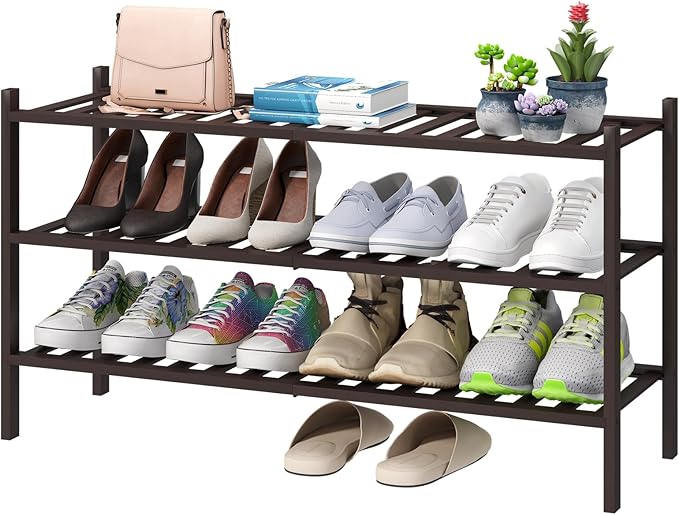 Long Shoe Rack, Bamboo Wood Shoe Rack for Closet, Entryway & Hallway, 3-Tier Stackable Shoe Shelf
