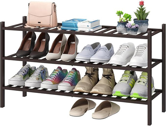 Long Shoe Rack, Bamboo Wood Shoe Rack for Closet, Entryway & Hallway, 3-Tier Stackable Shoe Shelf