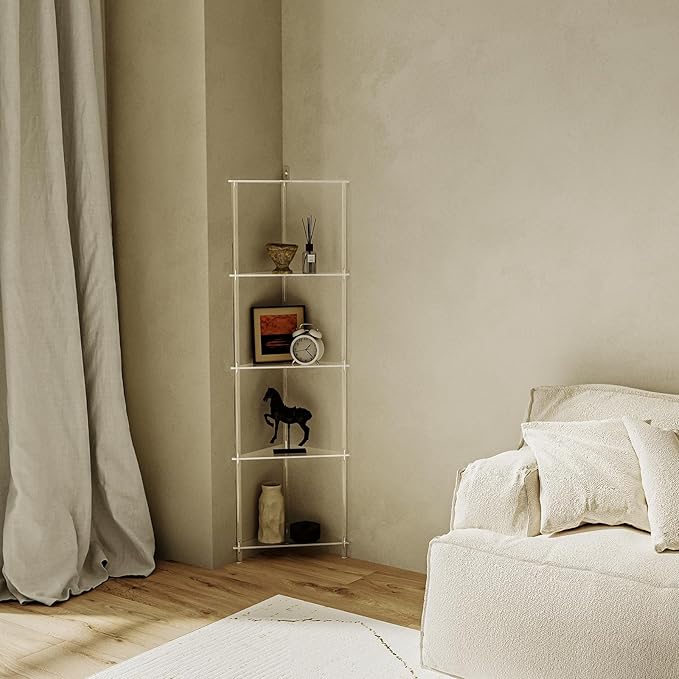 Elgaf Acrylic 5-Tier Corner Shelf Stand - 11.7'' W Corner Display Shelves Storage Shelf for Collectibles, Plants, Books, 11.7’’ D x 11.7'' W x 53.3'' H, Triangle, Clear