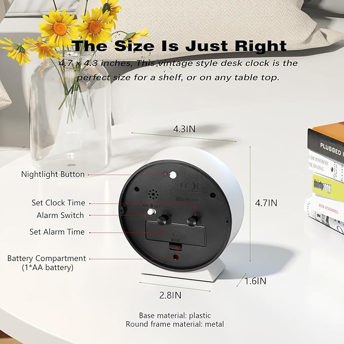 AYRELY® 4.5" Analog Alarm Clock,Small Retro Desk Clock Battery Operated,Slient Metal Table Clock with Light for Living Room Decor,Bedroom,Bedside,Shelf (White)