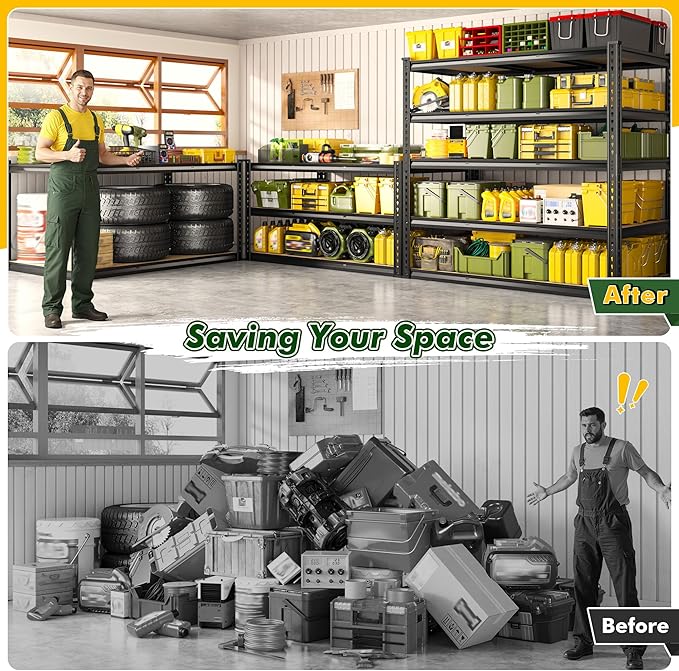 2800 LBS Garage Shelving 72.2" H Garage Storage Shelves, 5 Tier Adjustable Shelving Unit, Storage Shelves for Storage, Basement, Warehouse, Pantry, Kitchen, 48.1" W x 24.1" D x 72.2" H, Black, 2 Pack