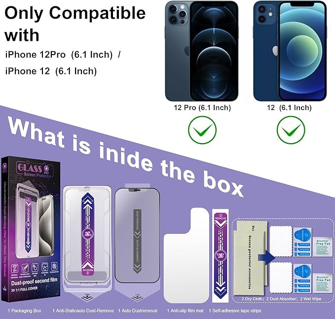 2 Pack Matte Screen Protector for iPhone 12 Pro/iPhone 12, 9H Tempered Glass, Full Coverage, Anti-Fingerprint, Auto Dust-Elimination, No Bubble, Easy Installation