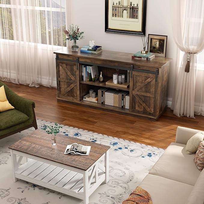 YESHOMY TV Stand for Televisions up to 65 Inches, with Sliding Barn Doors and Storage Cabinets, Console Table and Media Furniture for Living Room, 58 Inch, Barnwood