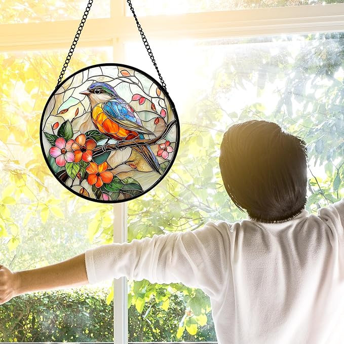 Stained Glass Window Hanging, Blue Bird Pink Flower Suncatcher Diamond Glass Panel Bird Sun Catchers Decor for Birthday for Women, Men, Wife, Aunt, and Mom 11.8x11.8 in