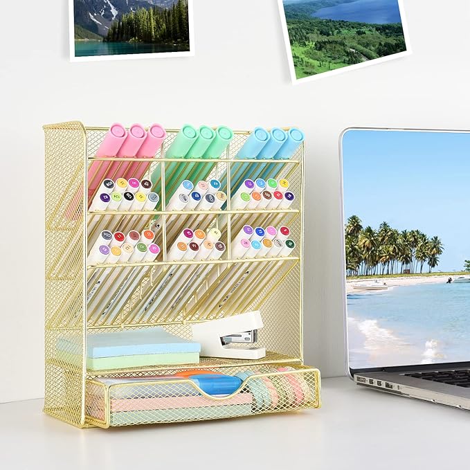 Spacrea Mesh Pen Organizer - Pencil Holder for Desk, Desk Organizer with Drawer for School, Home, Art Supplies (Gold)