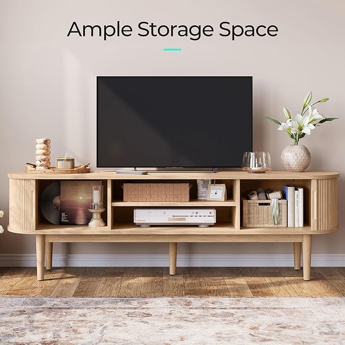 LINSY HOME 70" Fluted TV Stand for TVs up to 80 Inch, Mid Century Modern Entertainment Center with Storage Cabinet and Sliding Doors, Farmhouse Wood Media TV Console for Living Room, Bedroom, Oak