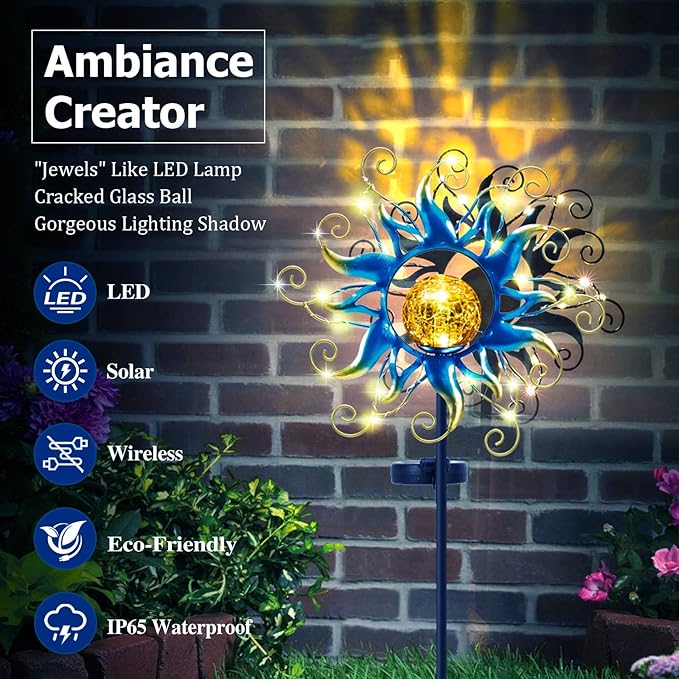 Solar Lights Outdoor Garden Decor, Blue Metal Sun Crackle Glass Globe Stake Waterproof 30LED Decorations Unique Gifts for Women,Mom,Outside, Patio,Lawn,Yard,Pathway