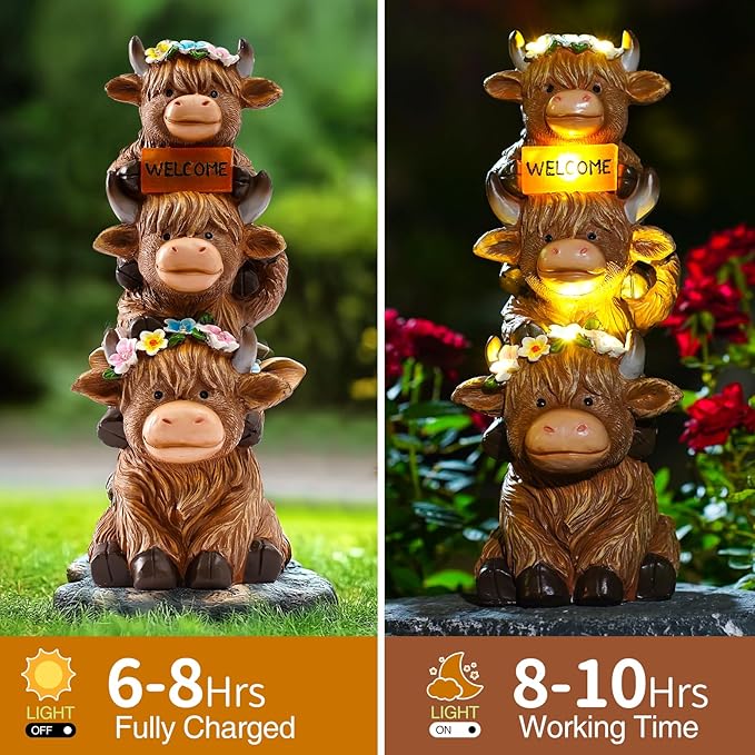 16 in Large Garden Highland Cow Statue Solar Garden Sculptures & Statues with Flower Decoration Birthday Gifts for Women Mom Funny Triple Big Highland Cow Decor for Yard Garden Patio Lawn Ornaments