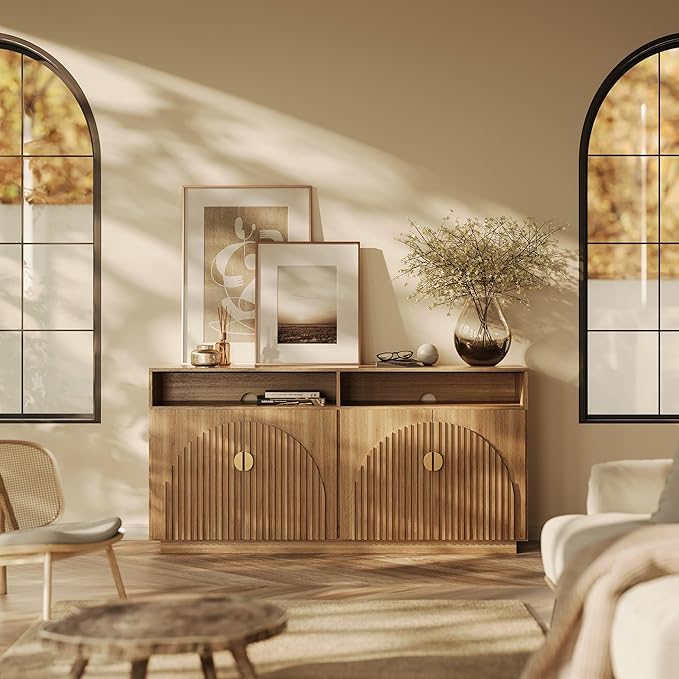 BELLEZE 65 Inch Fluted TV Stand, Mid Century Modern Entertainment Center with Storage Cabinets & Open Shelves, Media Console TV Cabinet with Adjustable Shelves for Living Room, Caramel Brown