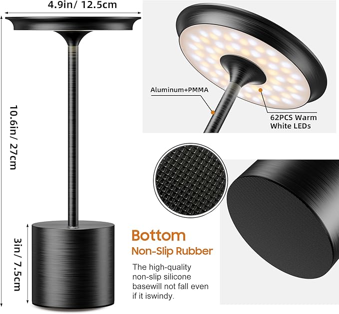 Cordless Table Lamp, Portable Rechargeable 6000mAh Outdoor Table Lamp, 3 Color Stepless Dimming Battery Powered Lamp, LED Table Light for Dinner/Restaurant/Outdoor (Black)