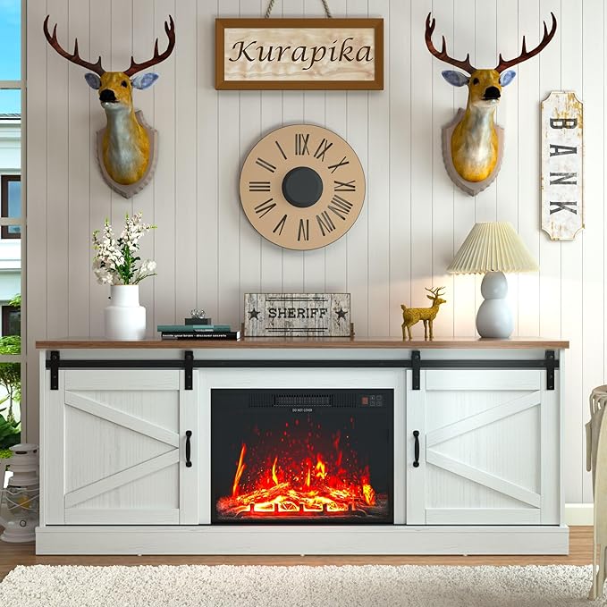Kurapika Fireplace TV Stand for up to 75" TV, Farmhouse Entertainment Center with 24" Fireplace, 67" Media Console Cabinets for Living Room w/Storage Shelves, Remote Control, White