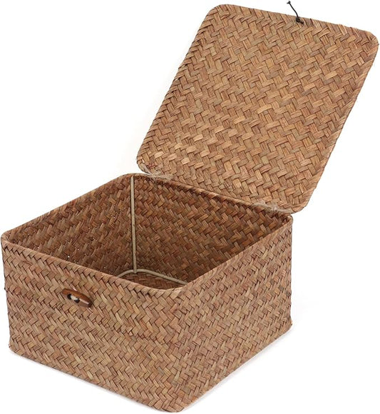 Wicker Shelf Baskets with Lid, Handwoven Seagrass Storage Basket Bins Square Gift Boxes for Shelves Home Decor Organizer (Coffee, Small)