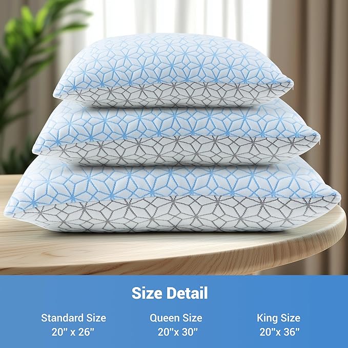 puredown King Size Pillows Set of 2, Cooling Pillow King Size 2 Pack, Adjustable Shredded Memory Foam Pillows for Side Back Stomach Hot Sleepers, Ice Blue