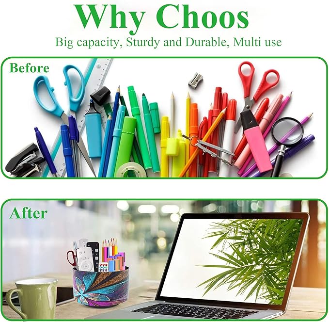 Hennaja Round Leather Art Supply Organizer,Remote Control Holder,360 Degree Rotating,Multi-Functional Pencil Holder,4 Compartments Desktop Stationary Organizer(1-Fractal Flower)