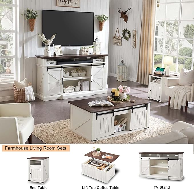 Farmhouse TV Stand for 80 Inch TVs, 37.4"Tall Entertainment Center w/Storage Cabinets and Sliding Barn Door, Media Console Cabinet w/Soundbar & Adjustable Shelves for Living Room, 70 inch (White)