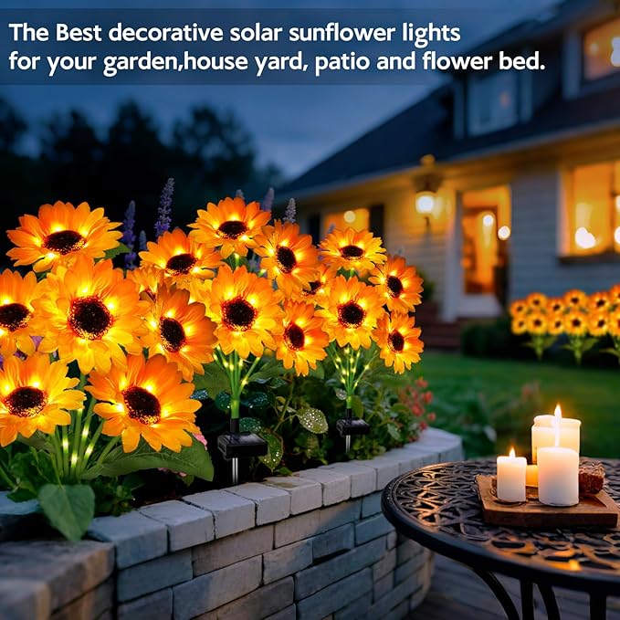 Solar Garden Lights Outdoor, 6 Pack Solar Sunflower Lights with 36 Head 3.4 Inch Flowers, Waterproof Flowers Light Fall Decor Auto ON/Off for Garden Yard Patio Backyard, Gifts for Mom Women