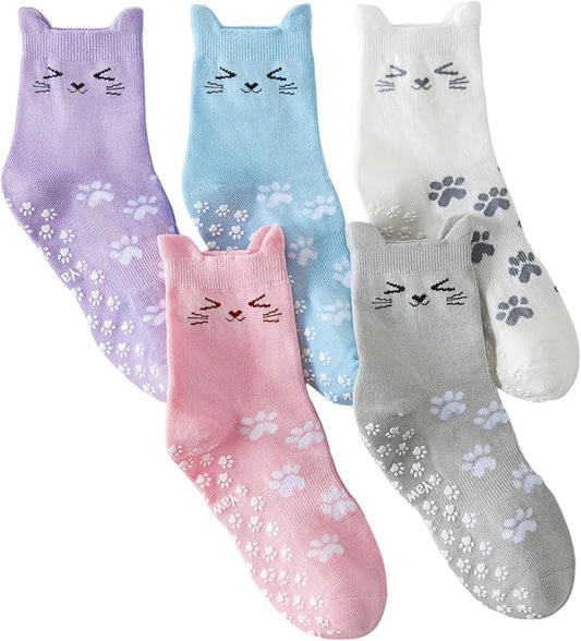 Yawlsow Pilates Grip Socks for Women Cute Yoga Grippy Non Slip Non Skid Cat Socks with Cat Paw Gripper for Barre Workout