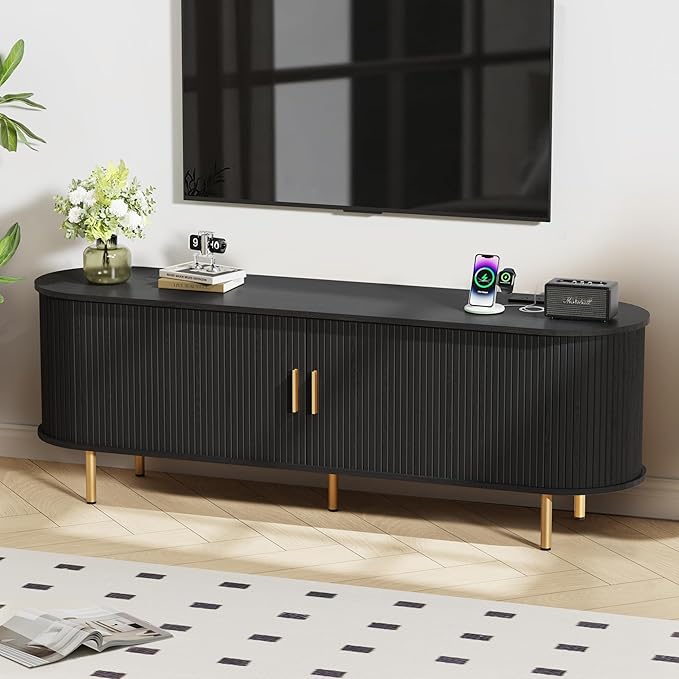 DHH Tv Stand Cabinet with Storage,Fluted Tv Console Entertainment Center with Storage Adjustable Shelves, Modern Vintage with Sliding Doors tv Stand for Living Room (Black, 63 Inch)