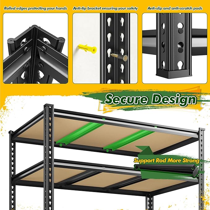 2800 LBS Garage Shelving 72.2" H Garage Storage Shelves, 5 Tier Adjustable Shelving Unit, Storage Shelves for Storage, Basement, Warehouse, Pantry, Kitchen, 48.1" W x 24.1" D x 72.2" H, Black, 2 Pack