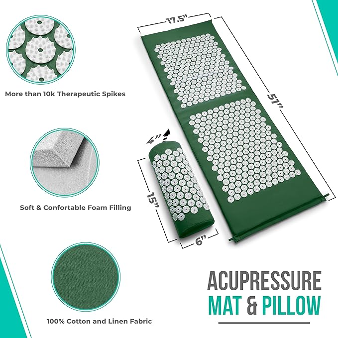 Sivan Health and Fitness Acupressure Mat and Pillow Set - Grounding Mat for Stress, Back & Neck Pain - Acupuncture Point Massage Mat for Muscle Relaxation, Sciatica, & Meditation - Includes Carry Bag