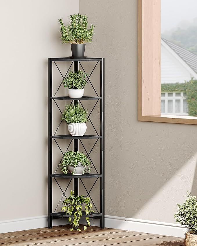 5-Tier Corner Shelf, Corner Bookcase, 55.2" Tall Vertical Display Rack, Plant Stand, Open Storage Shelf, for Living Room, Bedroom, Study, Kitchen, Black TCJ12BB