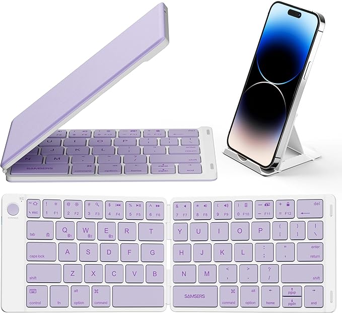 Samsers Bluetooth Foldable Keyboard, Wireless Portable Folding Keyboard, Full-Size Ultra-Slim Rechargeable Connect Up to 3 Devices for iOS Android Windows Phone Tablet and Laptop, Purple